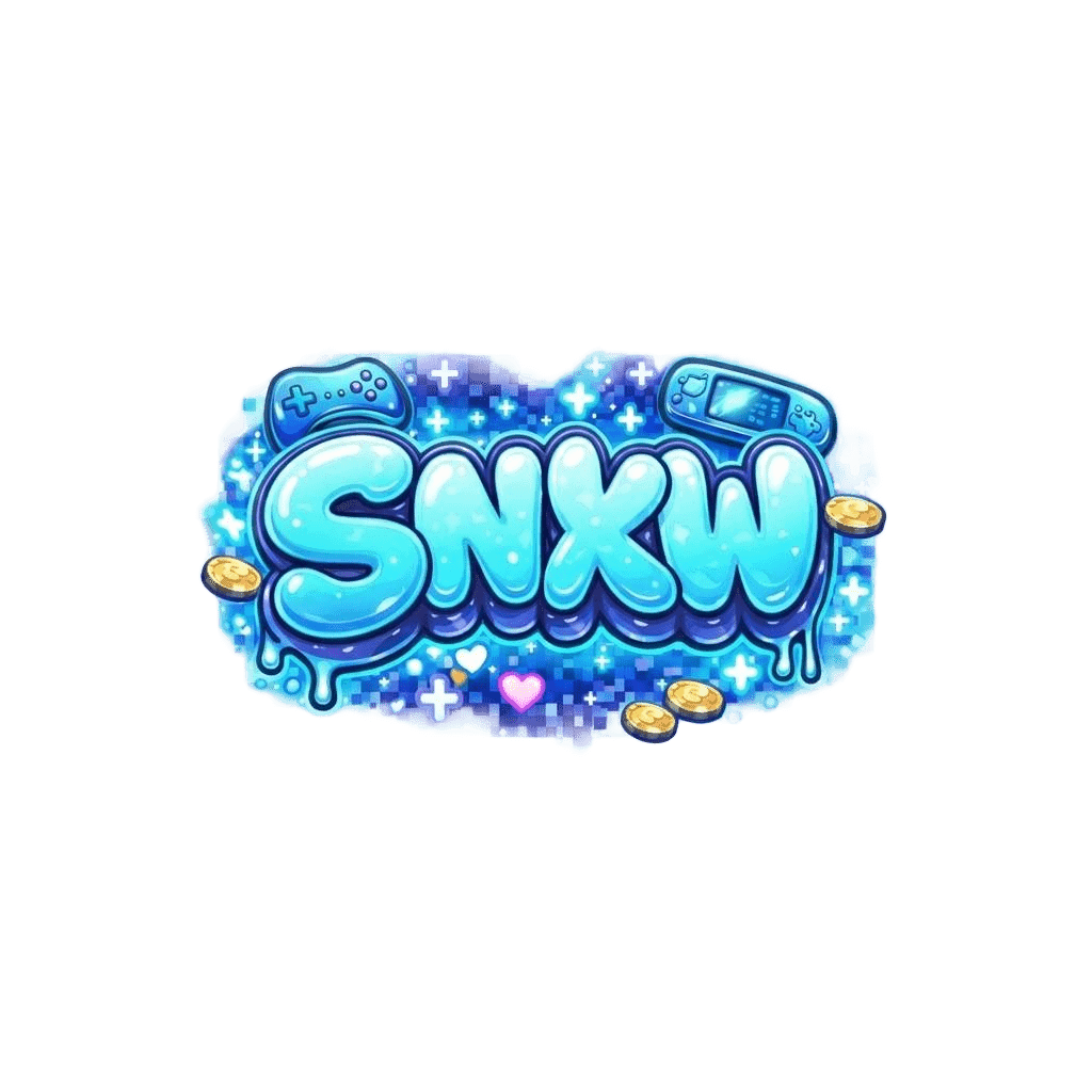 Logo de SNKW con estilo de hielo, monedas y elementos de videojuegos en tonos azules.